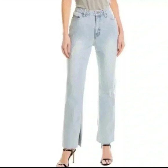 Avec Les Filles Split Hem Jeans High Rise Straight Leg Light Wash Distressed 29 - Picture 2 of 10